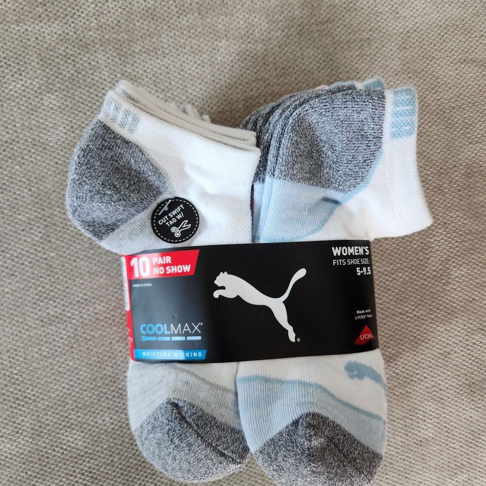 NWT Puma Womens Socks 10 Pair No Show Shoe Size 5-9.5 Cool Max Moisture Wicking